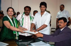 Anitha kumaraswamy with husband hd kumaraswamy and son nikhil gowda filing for the election